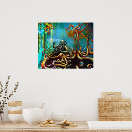 Retro  Scuba Diver in een Metal Suit Octopus Poster (Keuken)