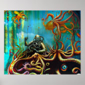 Retro  Scuba Diver in een Metal Suit Octopus Poster (Voorkant)