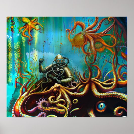 Retro Scuba Diver in een Metal Suit Octopus Poster (Voorkant)