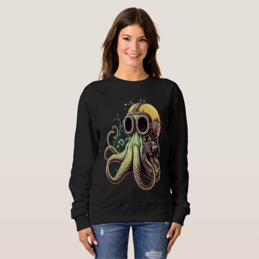Retro Scuba Diver Weird Octopus Design Octopus Hel Trui (Voorkant volledig)