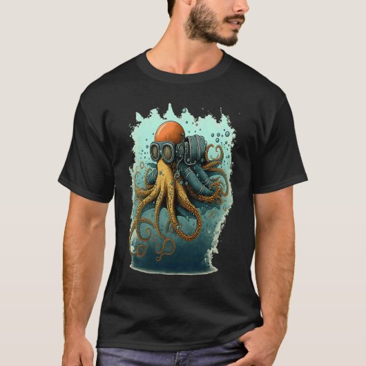 Retro scuba duiker draagbaar octopus ontwerp octop t-shirt (Voorkant)