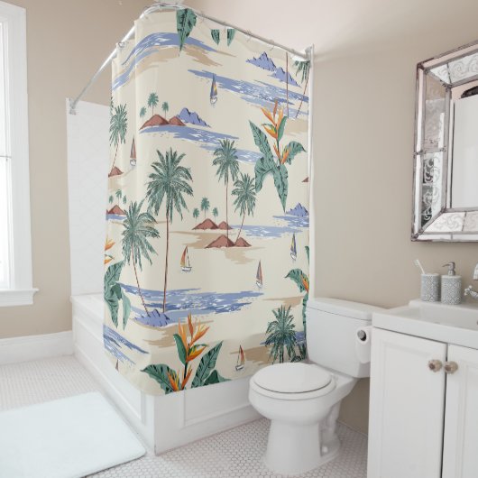 Retro seamless tropical island pattern on light be douchegordijn (In situ)