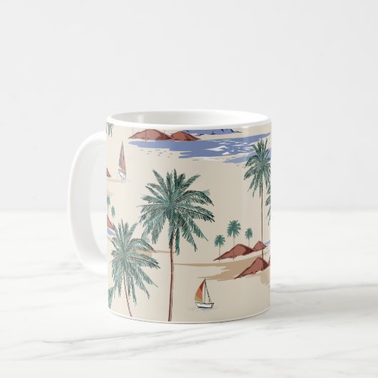 Retro seamless tropical island pattern on light be koffiemok (Voorkant links)