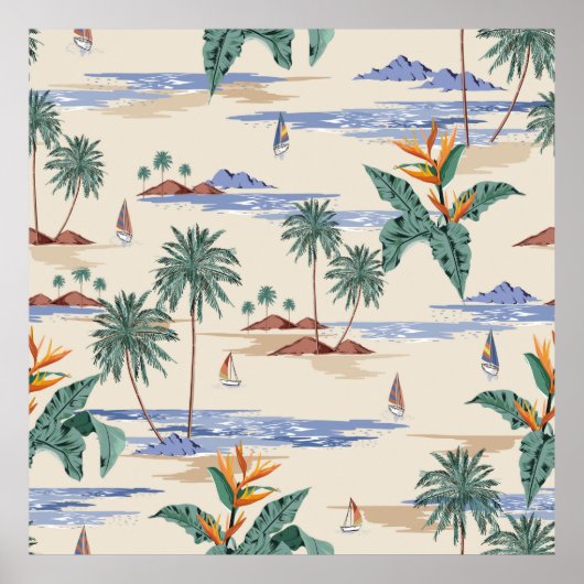 Retro seamless tropical island pattern on light be poster (Voorkant)