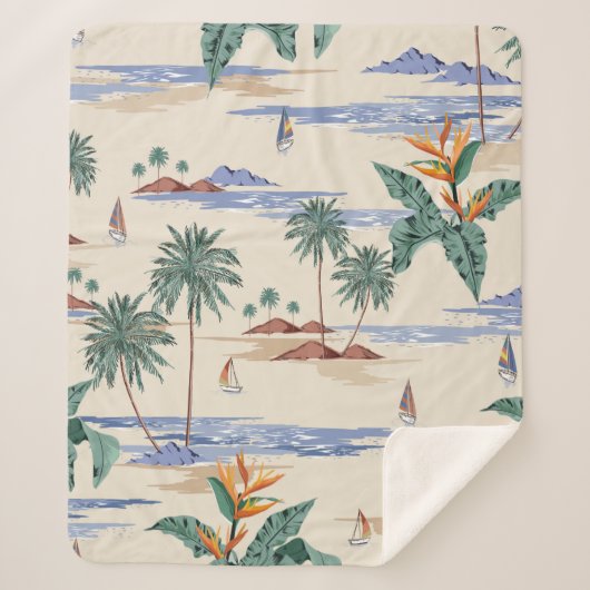 Retro seamless tropical island pattern on light be sherpa deken (Voorkant)