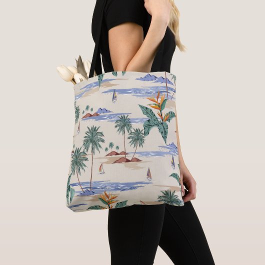 Retro seamless tropical island pattern on light be tote bag (Dichtbij)