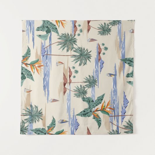 Retro seamless tropical island pattern on light be wandkleed (Voorkant (horizontaal))
