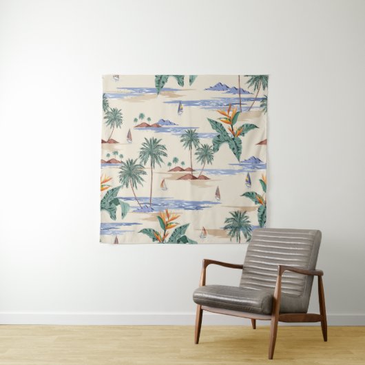 Retro seamless tropical island pattern on light be wandkleed (In situ)