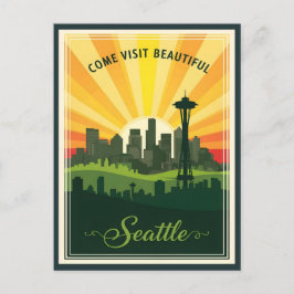 Retro Seattle silhouet met ruimte naald bij zonson Briefkaart