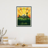 Retro Seattle silhouet met ruimte naald bij zonson Poster (Keuken)