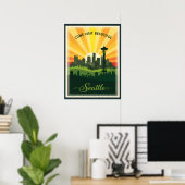 Retro Seattle silhouet met ruimte naald bij zonson Poster (Thuiskantoor)