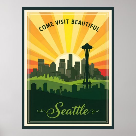 Retro Seattle silhouet met ruimte naald bij zonson Poster (Voorkant)