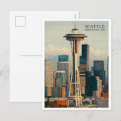 Retro Seattle Silhouette Waterverf Ansichtkaart Ku Feestdagenkaart (Voorkant / Achterkant)