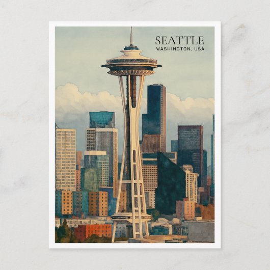 Retro Seattle Silhouette Waterverf Ansichtkaart Ku Feestdagenkaart (Voorkant)