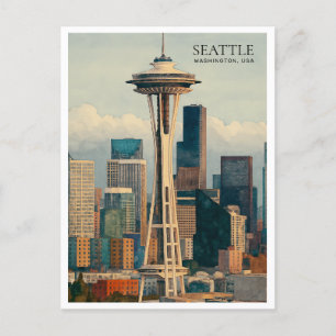 Retro Seattle Skyline Waterverf Briefkaart Art