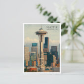 Retro Seattle Skyline Waterverf Briefkaart Art (Staand voorkant)