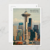 Retro Seattle Skyline Waterverf Briefkaart Art (Voorkant / Achterkant)