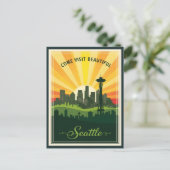 Retro Seattle skyline with space needle at sunset Briefkaart (Staand voorkant)