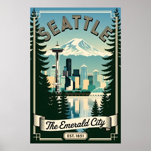 Retro Seattle Washington Emerald City Vintage Poster (Voorkant)