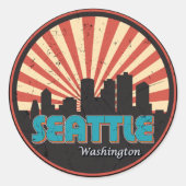 Retro  Seattle Washington State Skyline 80's Ronde Sticker (Voorkant)