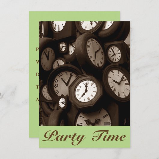 Retro Sepia Clock faces Hand Party Time Invitation Kaart (Voorkant / Achterkant)
