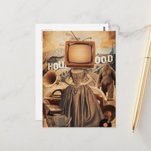 Retro Sepia TV Vrouw Sasquach Briefkaart (Voorkant / Achterkant in situ)