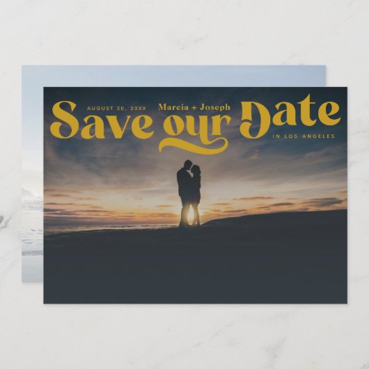 Retro Serif Mosterdgeel Save The Date (Voorkant / Achterkant)