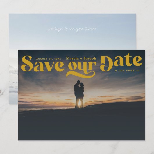 Retro Serif Mustard Yellow Save The Date (Voorkant / Achterkant)