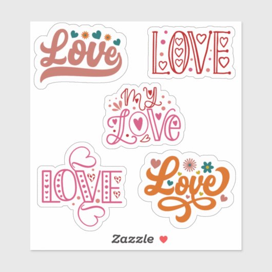 Retro set van 5 Liefde belettering stickers (Vel)