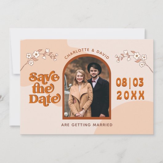 Retro Seventies Arched Photo Boho Save the Date (Voorkant)