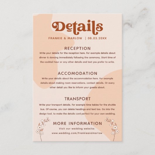 Retro Seventies Boho Wedding Details Informatiekaartje (Voorkant)