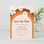 Retro Seventies Rainbow & Daisy Groovy Hippie Save The Date (Staand voorkant)