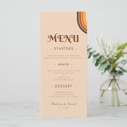 Retro Seventies Typografie Rainbow Wedding Cream Menu (Staand voorkant)