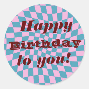 Retro Seventies Warped Checks Happy Birthday Ronde Sticker