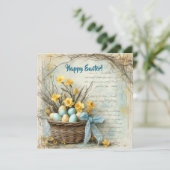 Retro shabby chic paaseieren in mand met narcissen feestdagenkaart (Staand voorkant)