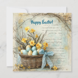 Retro shabby chic paaseieren in mand met narcissen feestdagenkaart