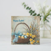 Retro shabby chic paaseieren in mand met narcissen feestdagenkaart (Staand voorkant)
