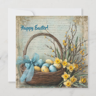 Retro shabby chic paaseieren in mand met narcissen feestdagenkaart