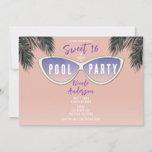 Retro Shades Zonnebril Sweet 16 Pool Party Kaart (Voorkant)