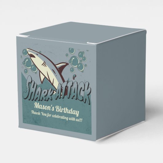 Retro Shark Threaded Birthday Party Square Bedankdoosjes (Voorkant Zijde)