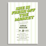 Retro She Is Fresh Off The Market Bridal Shower Kaart<br><div class="desc">Announce the most exciting listing of the season with a Bridal Shower Invitation that is equal parts witty, warm, and wonderfully styled. The bold heading She Is Fresh Off The Market commands attention in a striking retro serif font that brings vintage confidence and a knowing smile to every detail, the...</div>