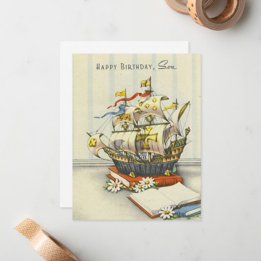  Retro Ship Happy Birthday Son Notitiekaartje (Voorkant / Achterkant in situ)
