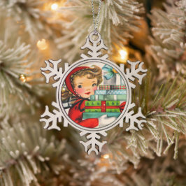  retro shopping girl in sneeuwvlok tin sneeuwvlok ornament