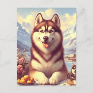 Retro Siberisch Husky schilderij Briefkaart