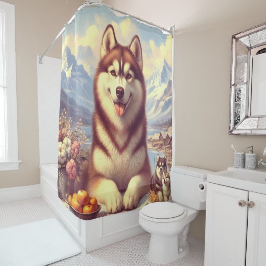 Retro Siberisch Husky schilderij Douchegordijn (In situ)