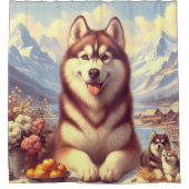 Retro Siberisch Husky schilderij Douchegordijn (Voorkant)