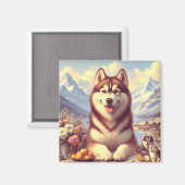 Retro Siberisch Husky schilderij Magneet (Voorkant / Achterkant)