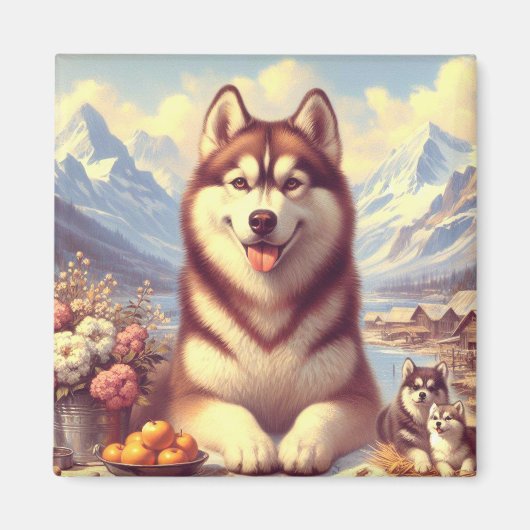 Retro Siberisch Husky schilderij Magneet (Voorkant)