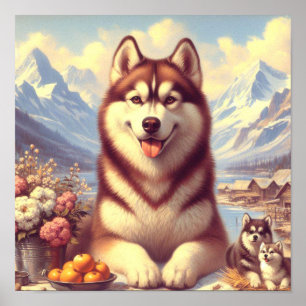 Retro Siberisch Husky schilderij Poster