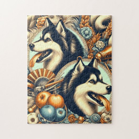 Retro Siberische Husky Illustratie Legpuzzel (Verticaal)